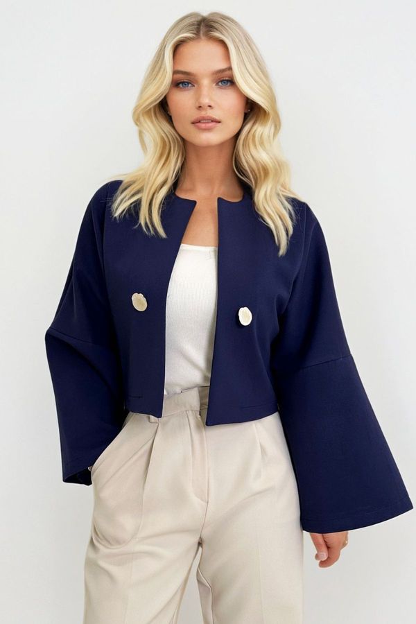 Trend Alaçatı Stili Trend Alaçatı Stili Women's Navy Blue Button Detail Open Front Short Jacket