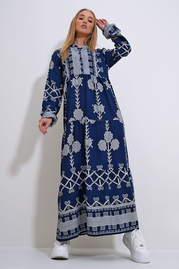 Trend Alaçatı Stili Trend Alaçatı Stili Women's Navy Blue Collar Front Buttoned Patterned Woven Viscose Hijab Dress