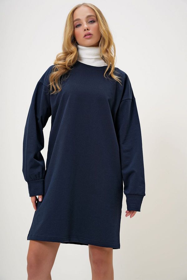 Trend Alaçatı Stili Trend Alaçatı Stili Women's Navy Blue Crew Neck Sweatshirt Dress