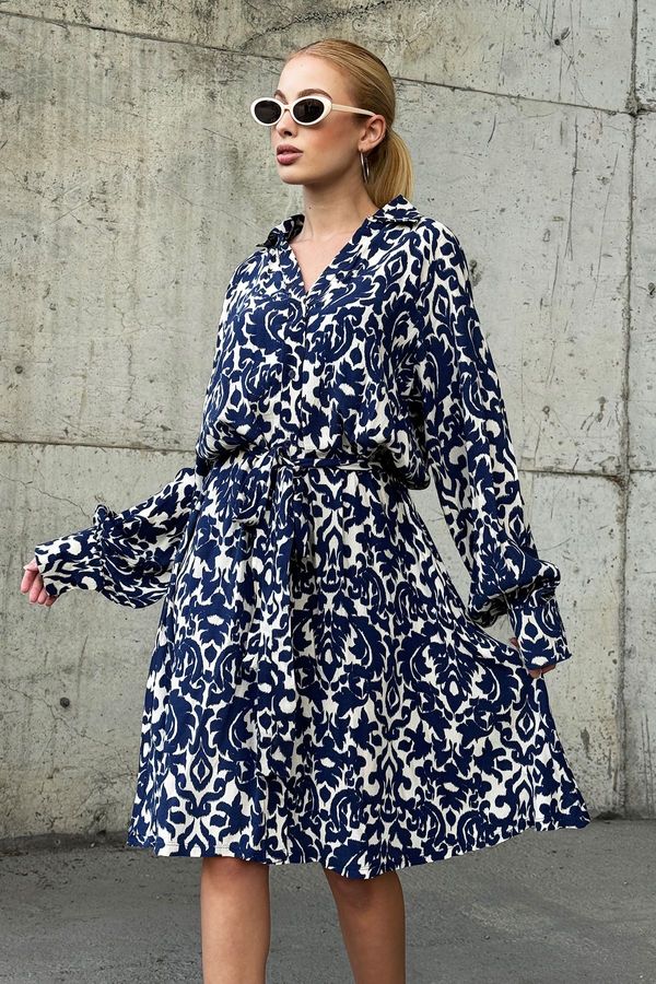 Trend Alaçatı Stili Trend Alaçatı Stili Women's Navy Blue Shirt Collar Front Buttoned Belt Detailed Woven Dress