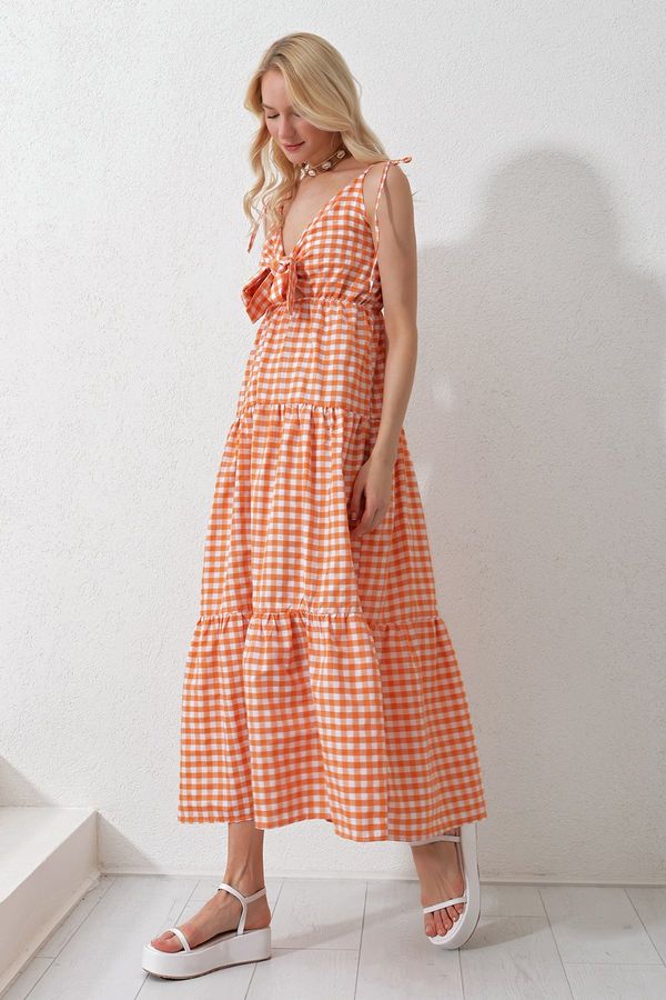 Trend Alaçatı Stili Trend Alaçatı Stili Women's Orange Strappy Layered Flounced Front Lace-up Maxi Length Poplin Woven Dress