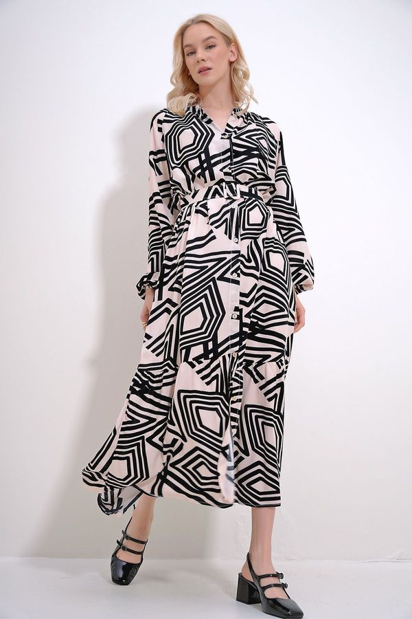 Trend Alaçatı Stili Trend Alaçatı Stili Women's Powder Cream Collar Front Buttoned Waist Belted Patterned Woven Viscose Dress