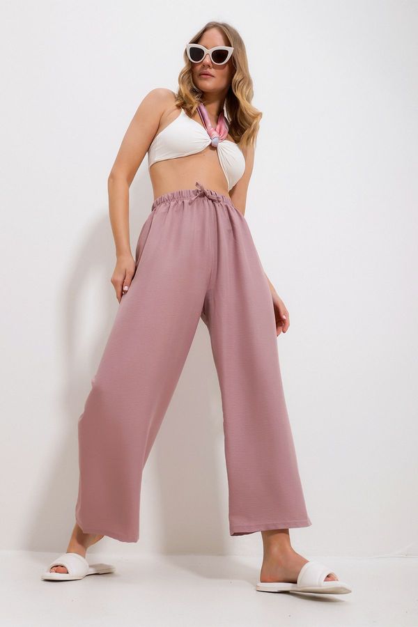 Trend Alaçatı Stili Trend Alaçatı Stili Women's Powder Pink Elastic Waist Wide Leg Loose Woven Trousers