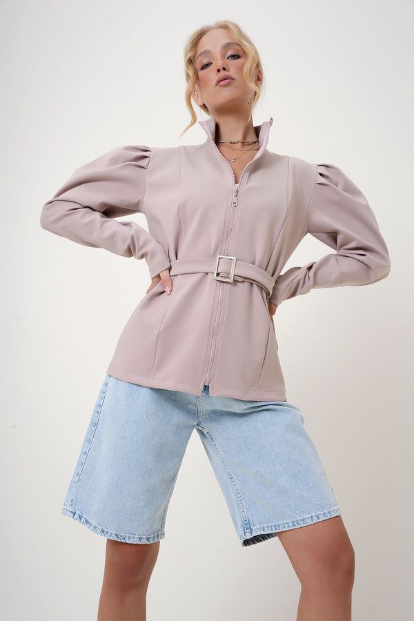 Trend Alaçatı Stili Trend Alaçatı Stili Women's Powder Princess Sleeve Zipper and Belted Diving Fabric Jacket