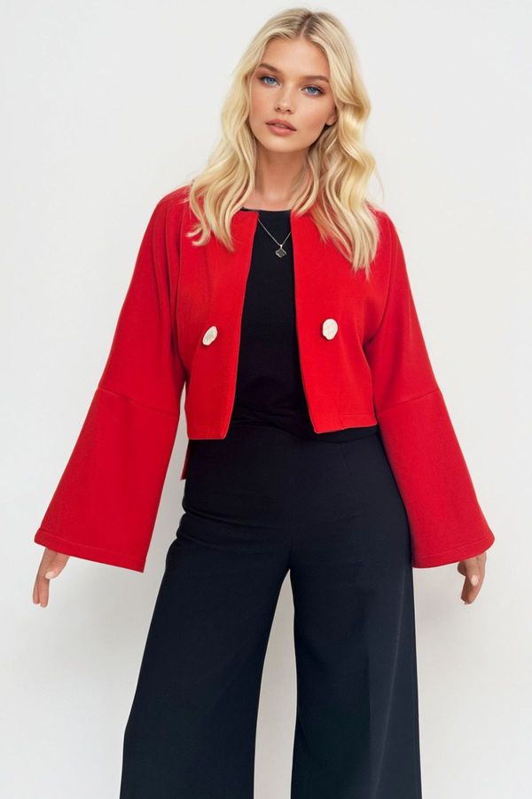 Trend Alaçatı Stili Trend Alaçatı Stili Women's Red Button Detail Open Front Short Jacket