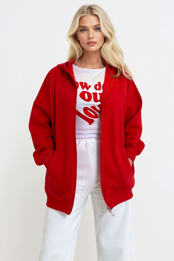 Trend Alaçatı Stili Trend Alaçatı Stili Women's Red Hooded Kangaroo Pocket Zippered Raised Sweatshirt
