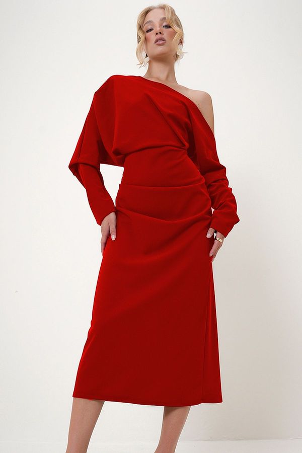 Trend Alaçatı Stili Trend Alaçatı Stili Women's Red Off-the-Shoulder Draped Maxi Knitted Dress
