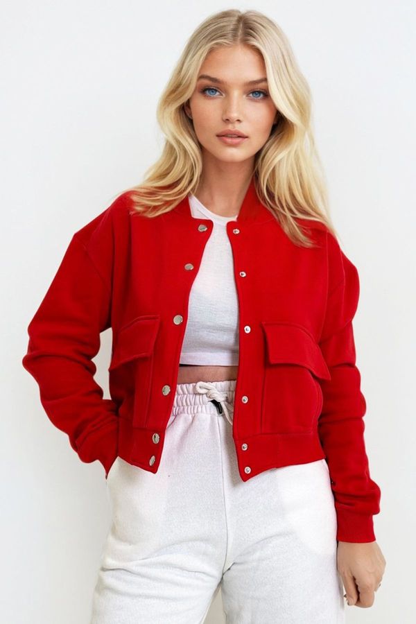 Trend Alaçatı Stili Trend Alaçatı Stili Women's Red Snap Closure Double Pocket Raster Crop Jacket
