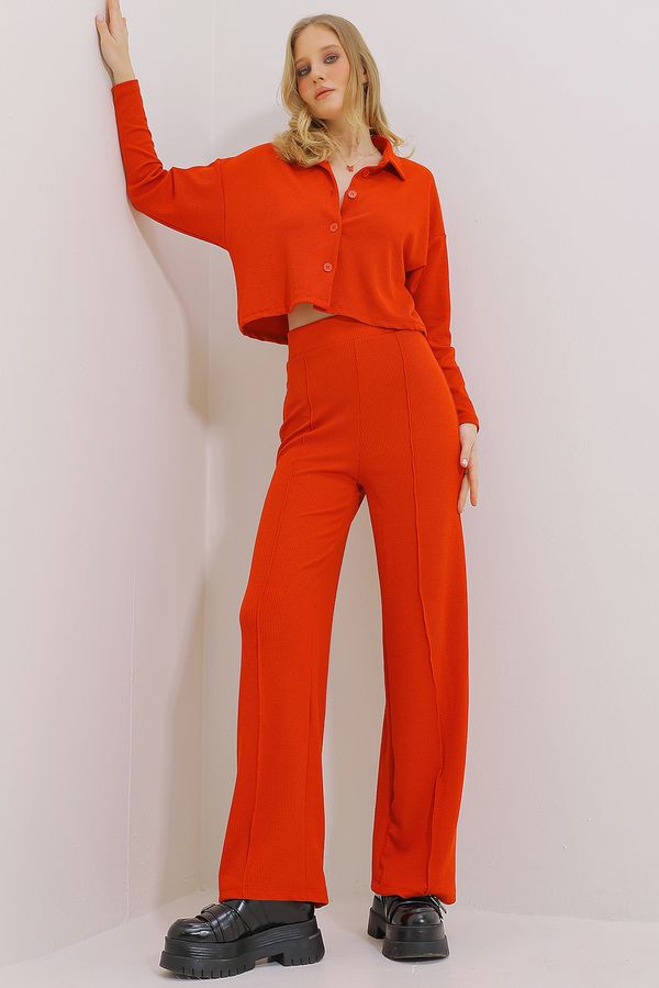 Trend Alaçatı Stili Trend Alaçatı Stili Women's Red Thessaloniki Knitted Crop Shirt And Grassy Palazzo Trousers Double Suit