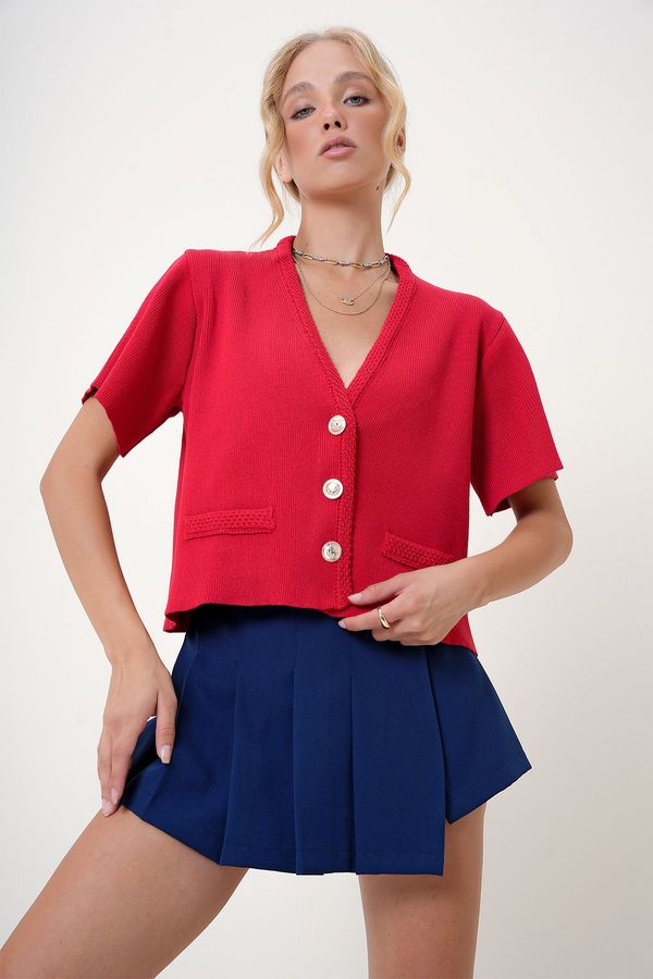 Trend Alaçatı Stili Trend Alaçatı Stili Women's Red V Neck Gold Buttoned Pocket Detailed Knitwear Cardigan