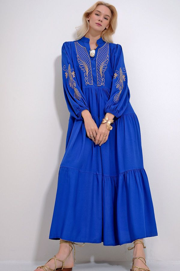 Trend Alaçatı Stili Trend Alaçatı Stili Women's Saxe Blue Large Collar Silvery Embroidered Maxi Length Woven Dress
