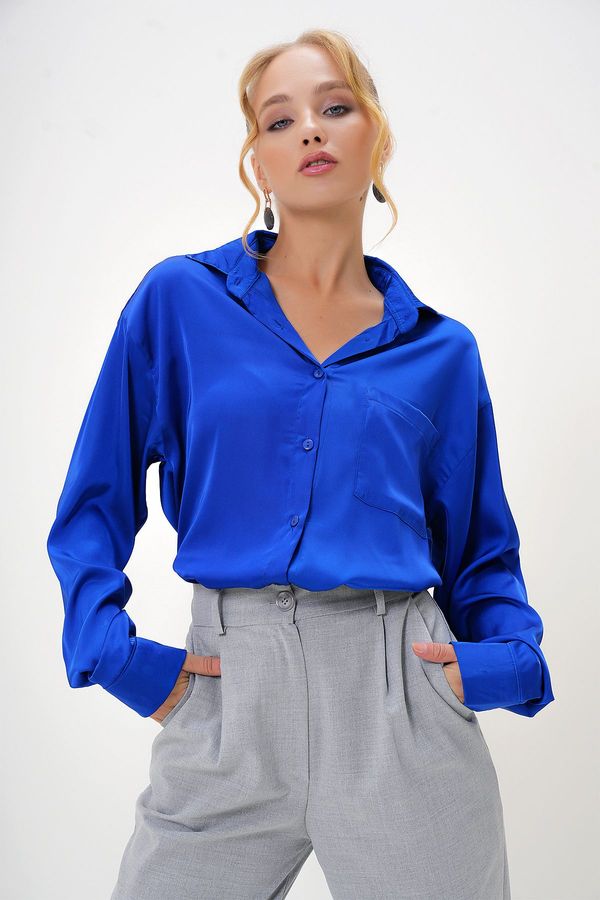 Trend Alaçatı Stili Trend Alaçatı Stili Women's Saxe Blue Single Pocket Silk Satin Oversize Shirt