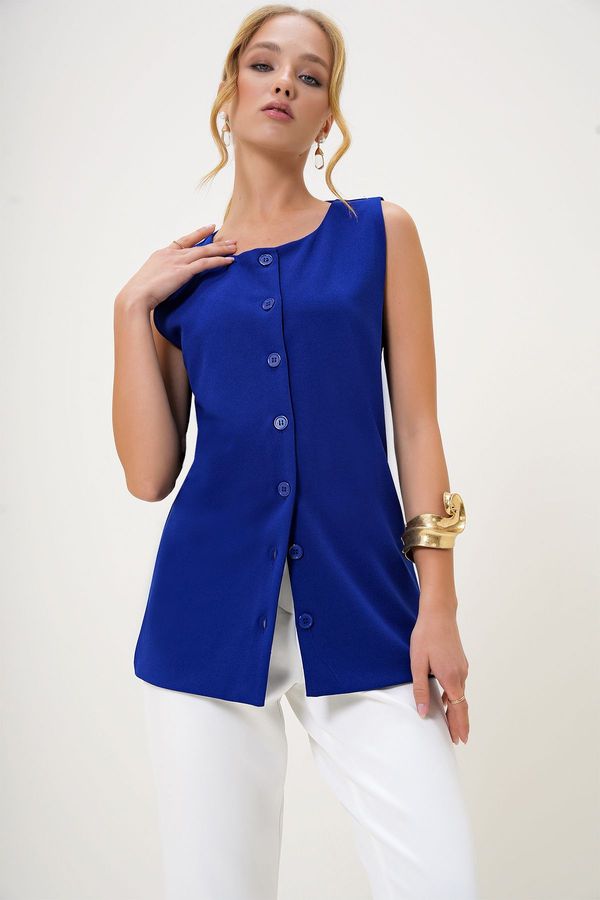 Trend Alaçatı Stili Trend Alaçatı Stili Women's Saxe Crew Neck Knitted Crepe Long Vest