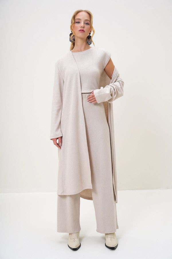 Trend Alaçatı Stili Trend Alaçatı Stili Women's Stone Shoulder Padded Crew Neck Blouse Trousers and Cardigan Set Suit