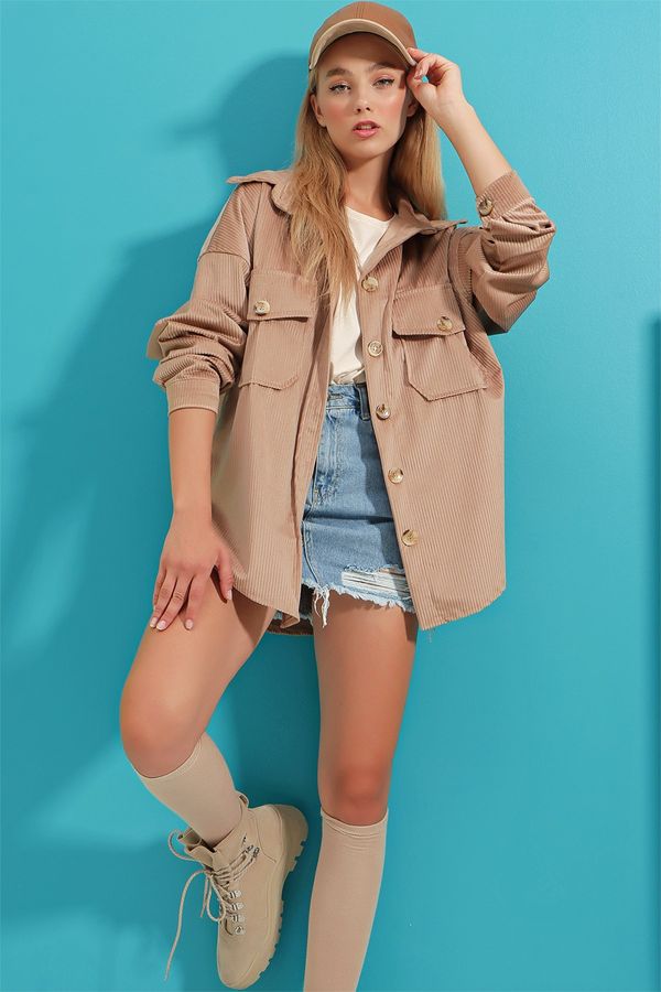 Trend Alaçatı Stili Trend Alaçatı Stili Women's Stone Velvet Cotton Double Pocket Oversize Jacket Shirt