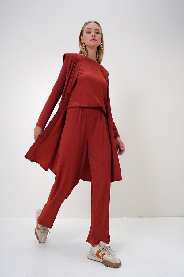 Trend Alaçatı Stili Trend Alaçatı Stili Women's Tile Crew Neck Blouse Double Pocket Vest and Trousers 3-Piece Set