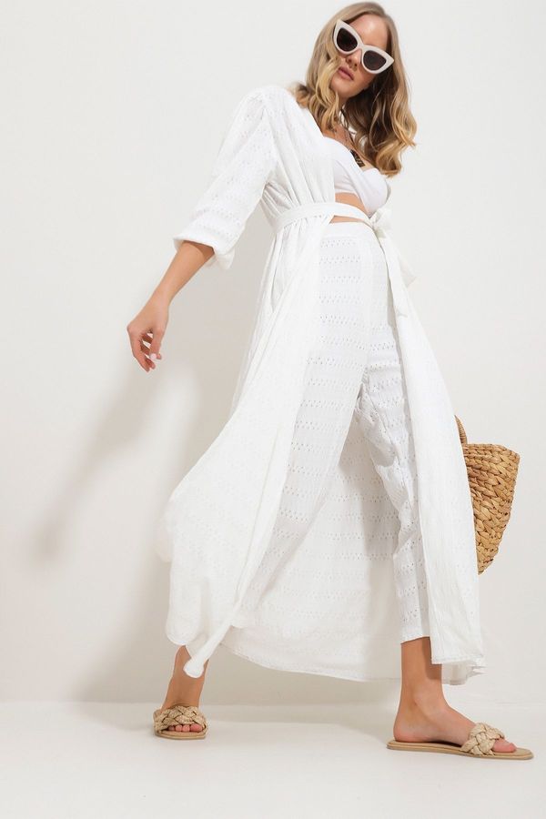 Trend Alaçatı Stili Trend Alaçatı Stili Women's White Self-Textured Openwork Long Pants Kimono Suit