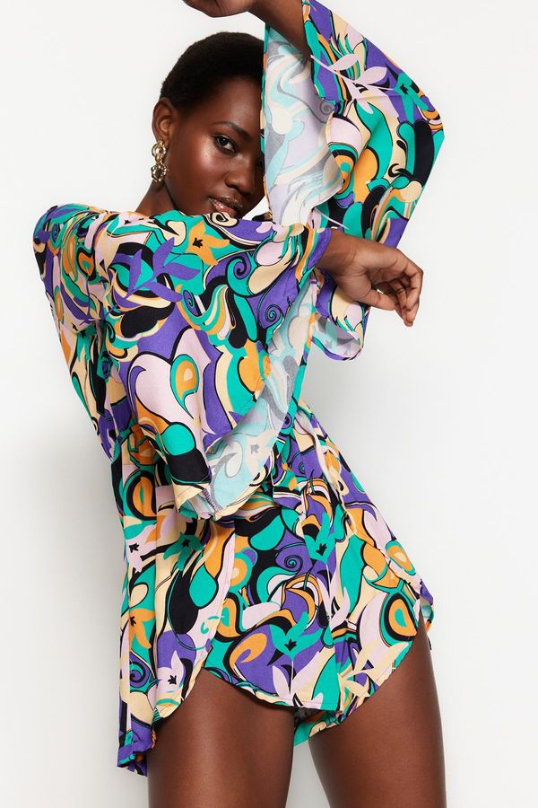 Trendyol Trendyol Abstract Pattern Woven Stripe Accessorized Blouse, Short Set