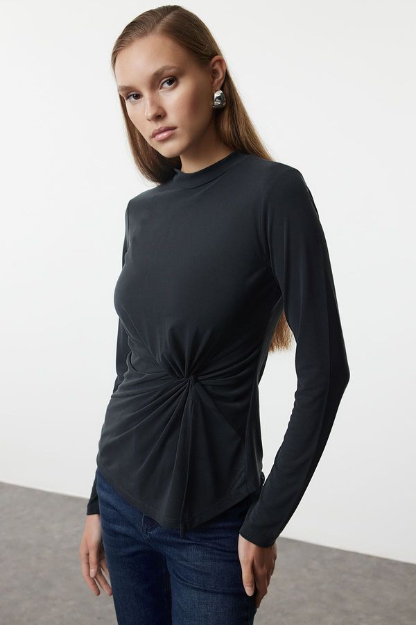 Trendyol Trendyol Anthracite 100% Modal Content Gathering Detailed Crew Neck Asymmetrical Knitted Blouse
