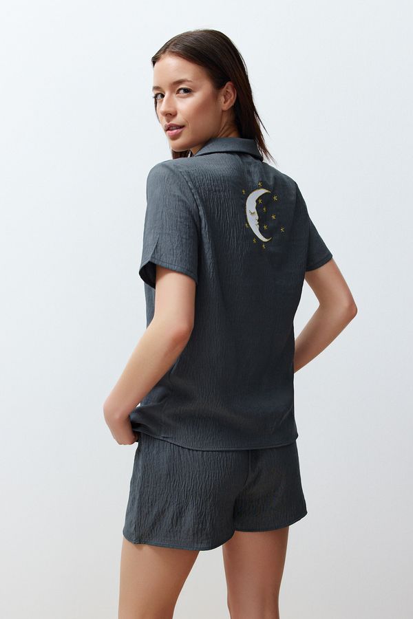 Trendyol Trendyol Anthracite Back Star and Moon Printed Satin Woven Pajamas Set