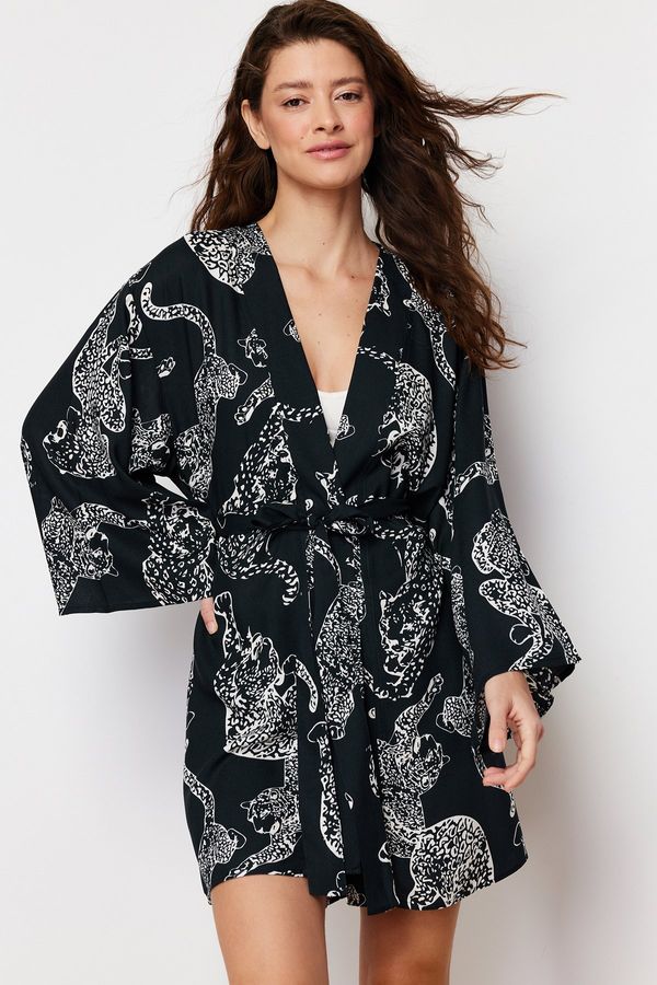 Trendyol Trendyol Anthracite Belted Animal Patterned Viscose Woven Dressing Gown
