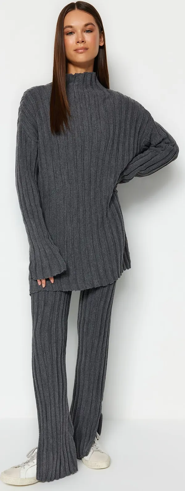 Trendyol Trendyol Anthracite Corded Trousers Slit Detailed Knitwear Bottom-Top Set