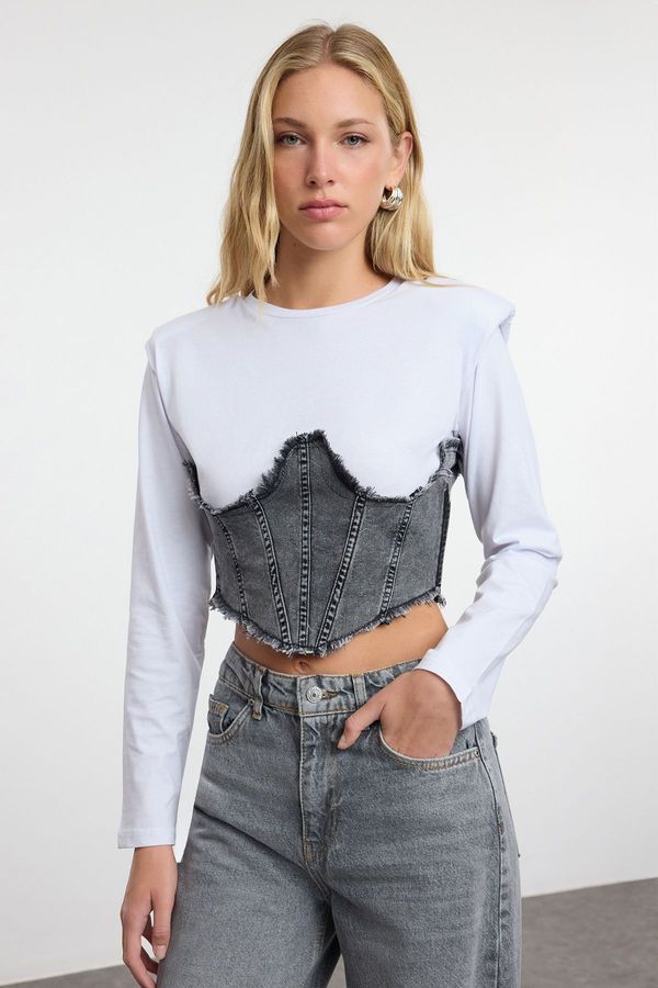 Trendyol Trendyol Anthracite Denim Garnished Padded Fitted/Body-Sit Knitted Blouse