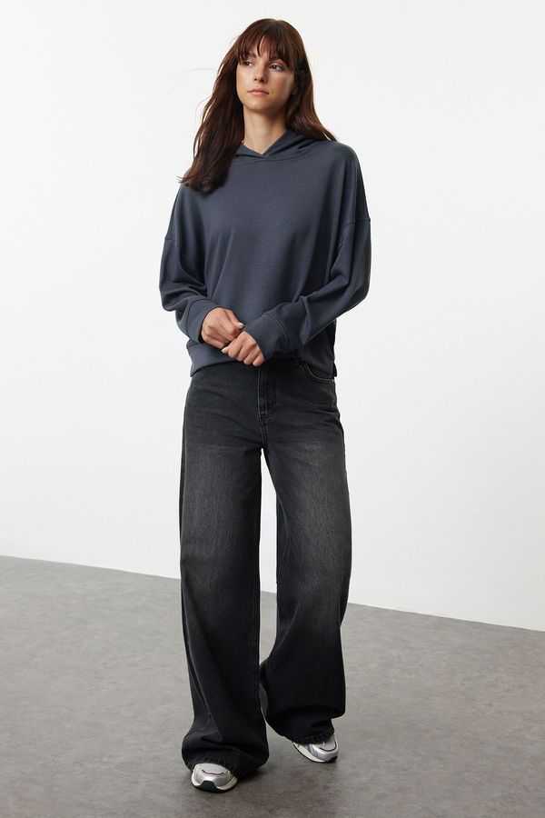 Trendyol Trendyol Anthracite Hooded Regular/Normal Cut Soft Touch Knitted Sweatshirt with Stitching Detail