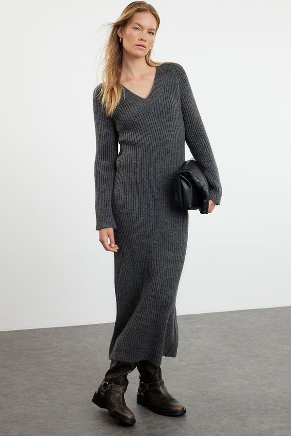 Trendyol Trendyol Anthracite Maxi Knitwear Wool Basic Dress