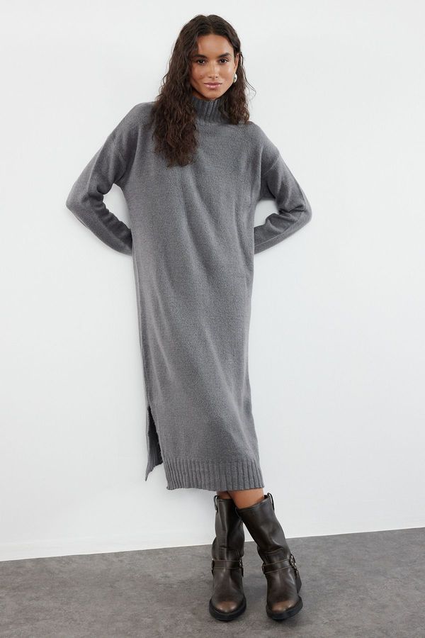 Trendyol Trendyol Anthracite Midi Knitwear Wide Fit Soft Textured High Collar Dress