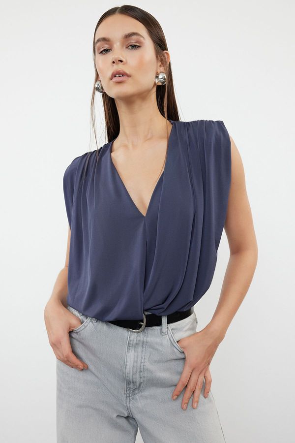 Trendyol Trendyol Anthracite Padded Double Breasted Collar Flexible Snap Fastener Knitted Body