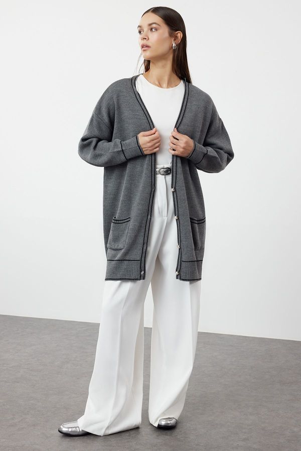 Trendyol Trendyol Anthracite Pearl Buttoned Piping Oversize Knitwear Cardigan