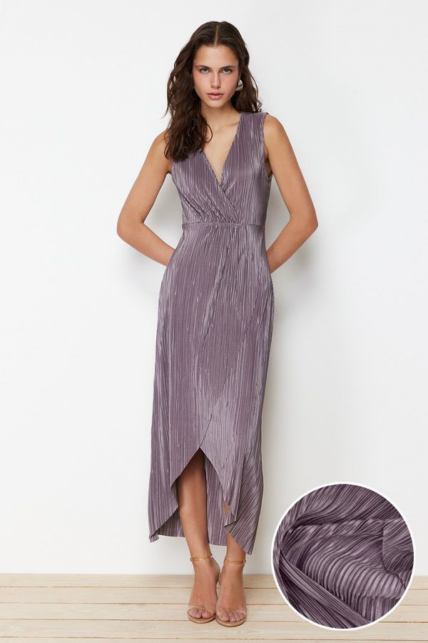 Trendyol Trendyol Anthracite Pleat Regular/Normal Pattern Double Breasted Collar Knitted Maxi Dress