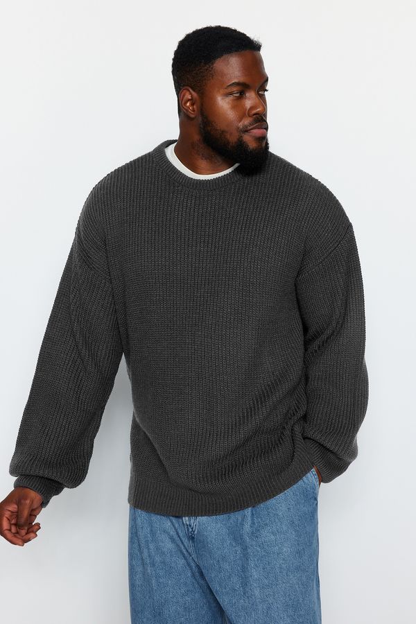 Trendyol Trendyol Anthracite Plus Size Men's Oversize Fit Wide Fit Crew Neck Basic Knitwear Sweater