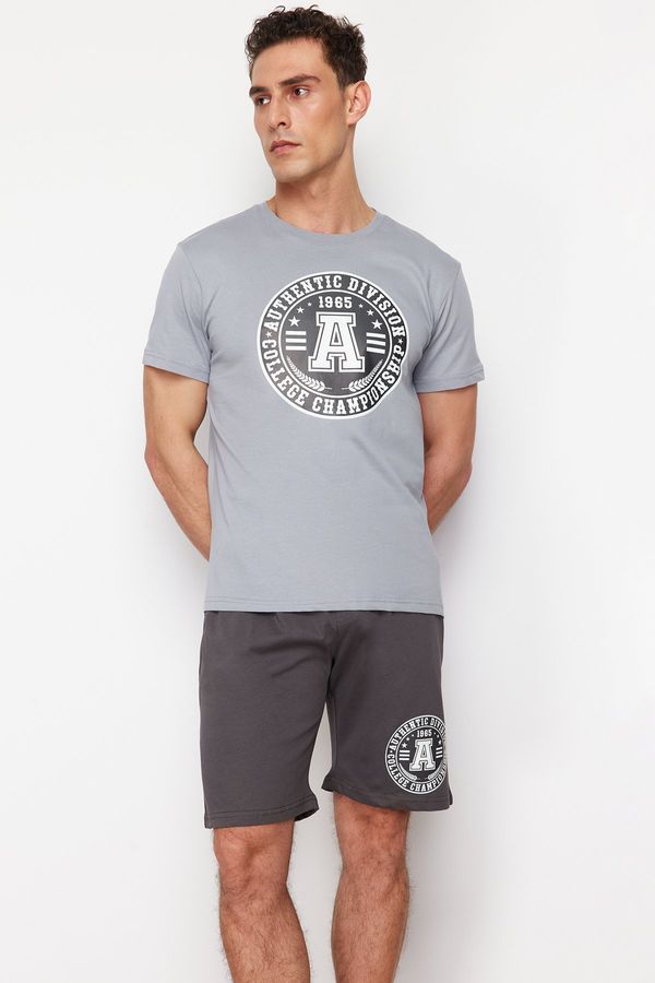 Trendyol Trendyol Anthracite Printed Regular Fit Pajama Set with Knitted Shorts