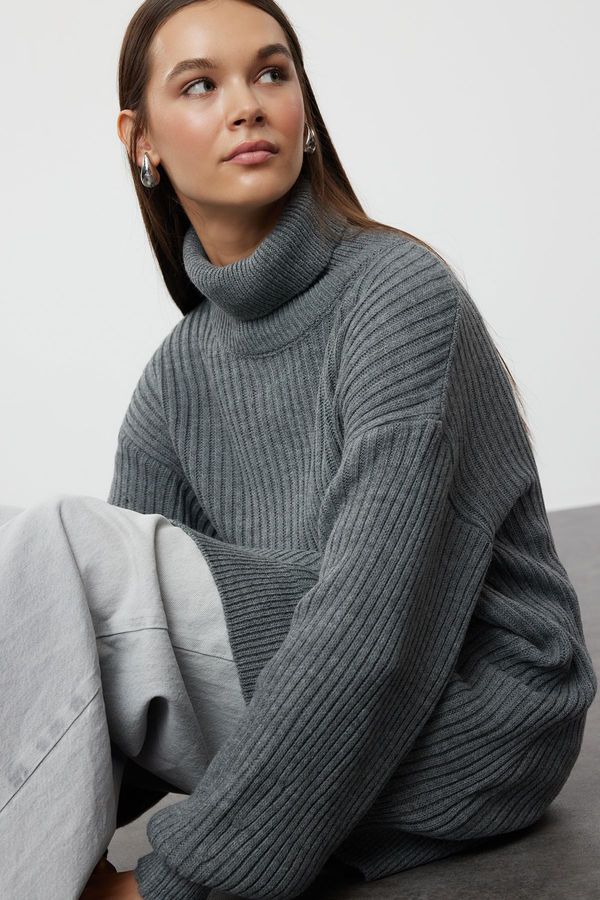 Trendyol Trendyol Anthracite Ribbed Basic Knitwear Sweater