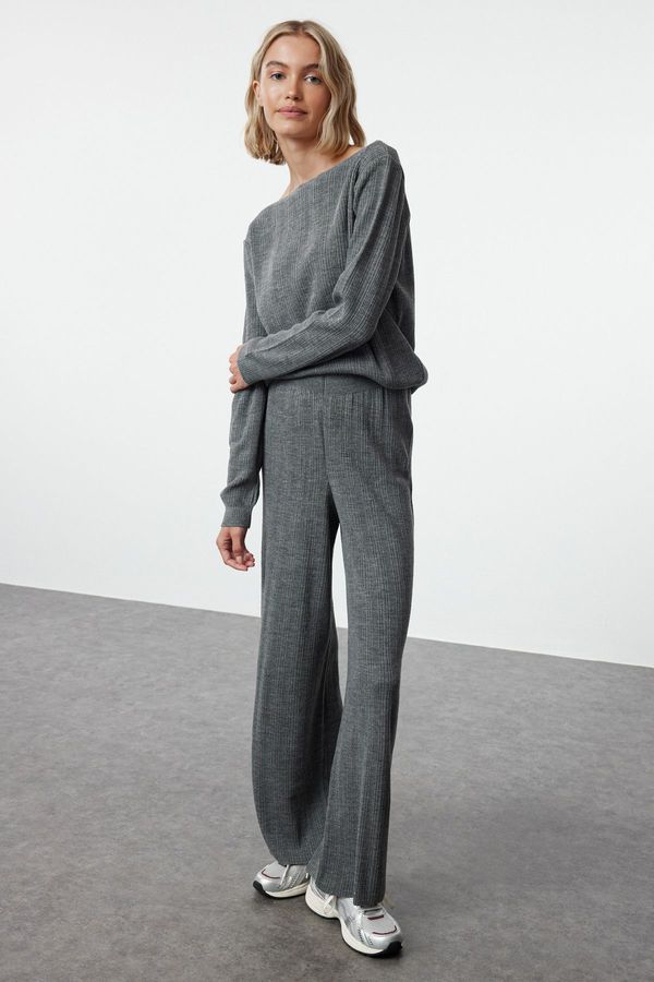 Trendyol Trendyol Anthracite Ribbed Knitted Trousers Knitwear Bottom-Top Set
