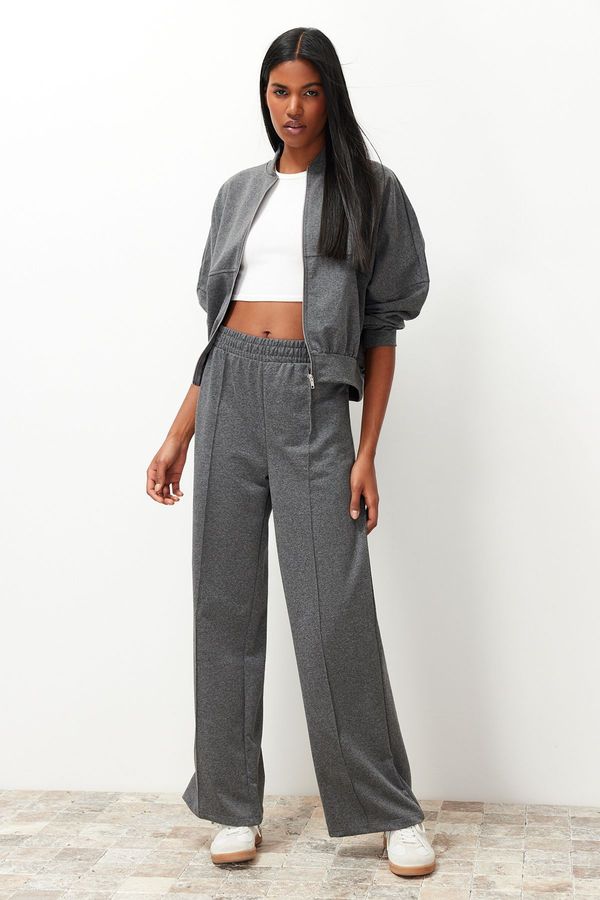 Trendyol Trendyol Anthracite Ribbed Zippered High Collar Knitted Sweatshirt/Pants Bottom-Top Set