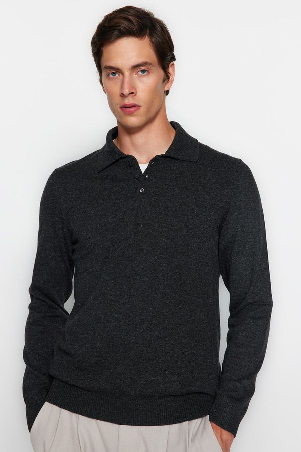 Trendyol Trendyol Anthracite Slim Fit Polo Collar Buttoned Smart Knitwear Sweater