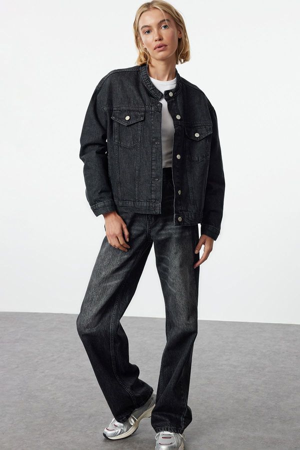 Trendyol Trendyol Anthracite Stand Collar Oversize Denim Jacket