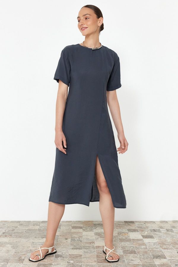 Trendyol Trendyol Anthracite Straight Cut Slit Detailed Midi Woven Dress