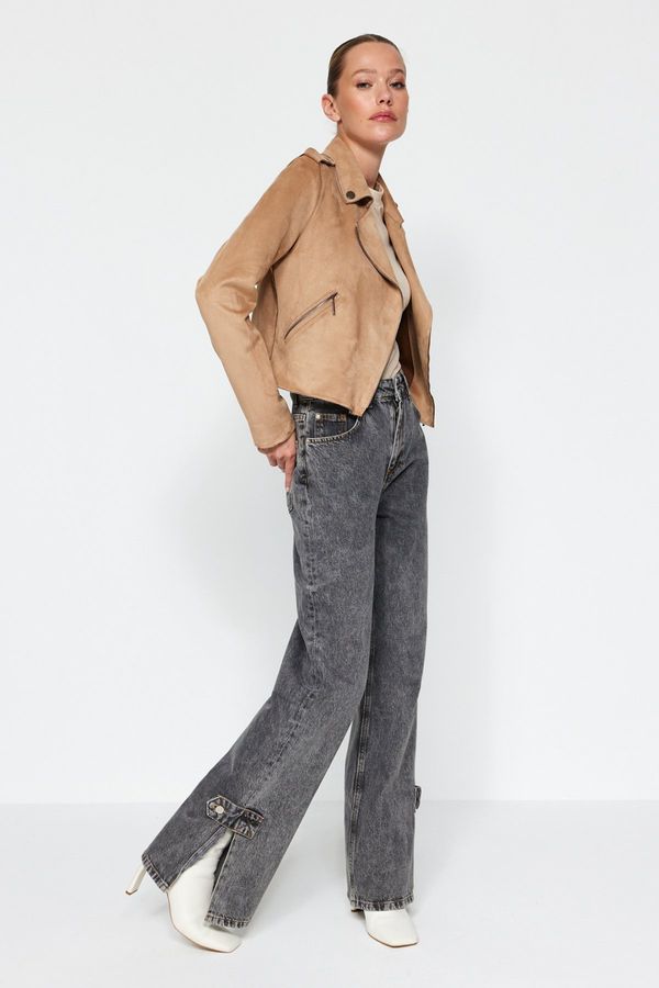 Trendyol Trendyol антрацит висока талия дълги прави дънки с цепки