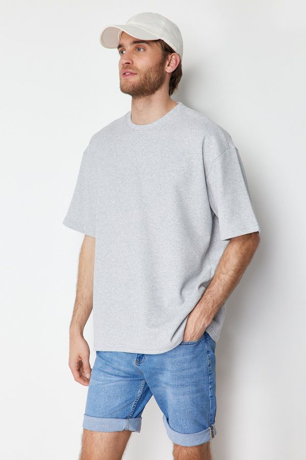 Trendyol Trendyol Basic Gray Oversize/Wide Fit Short Sleeve Textured Solid Fabric T-Shirt
