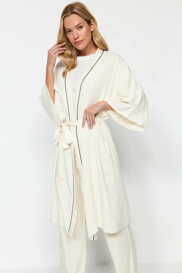 Trendyol Trendyol Beige 2-Piece Viscose Tie Dressing Gown-Pajama Bottom Woven Pajamas Set