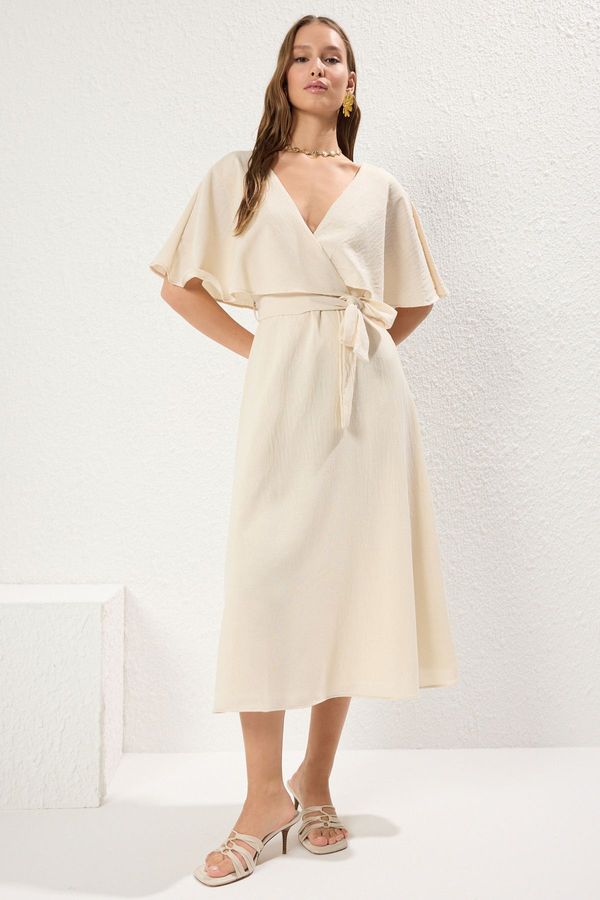 Trendyol Trendyol Beige A-Line Double-Breasted Cape Midi Linen Look Woven Dress