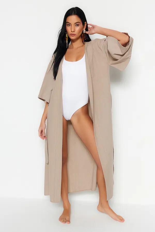 Trendyol Trendyol Beige Belted Maxi Woven Linen Look Beach Kimono&Caftan
