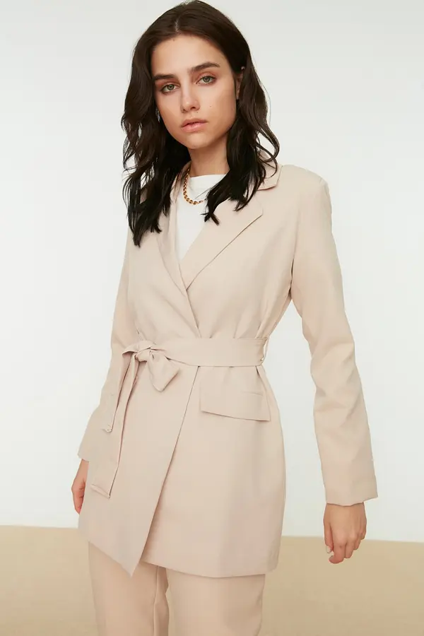 Trendyol Trendyol Beige Belted Pocket Detailed Blazer Woven Jacket