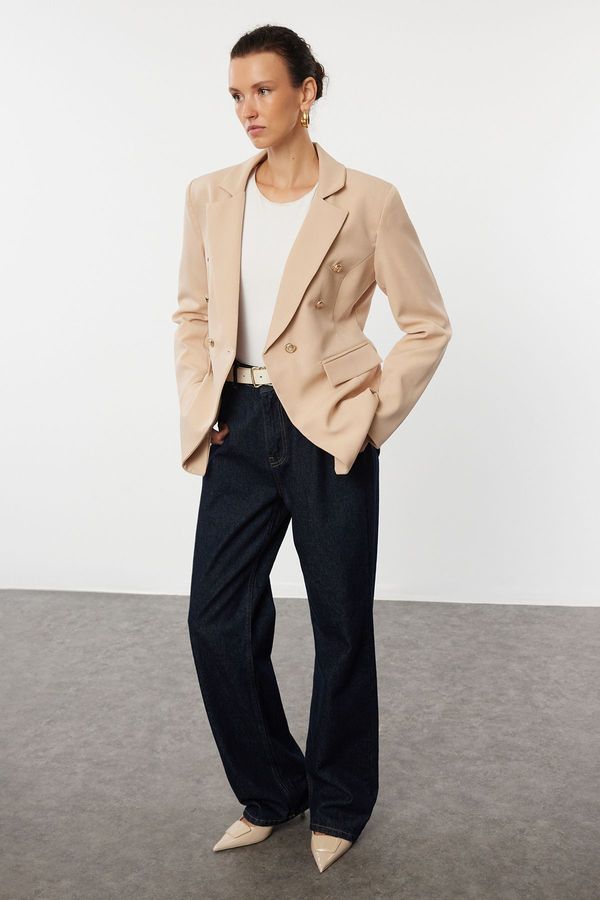 Trendyol Trendyol Beige Button Detailed Lined Fitted Waist Patterned Woven Blazer Jacket