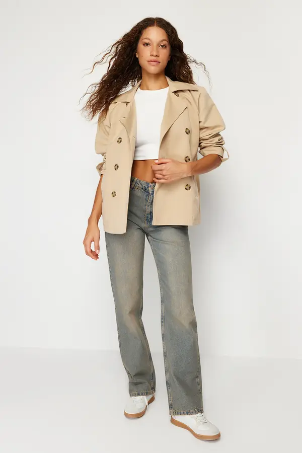Trendyol Trendyol Beige Double Breasted Oversize Wide Cut Trench Coat