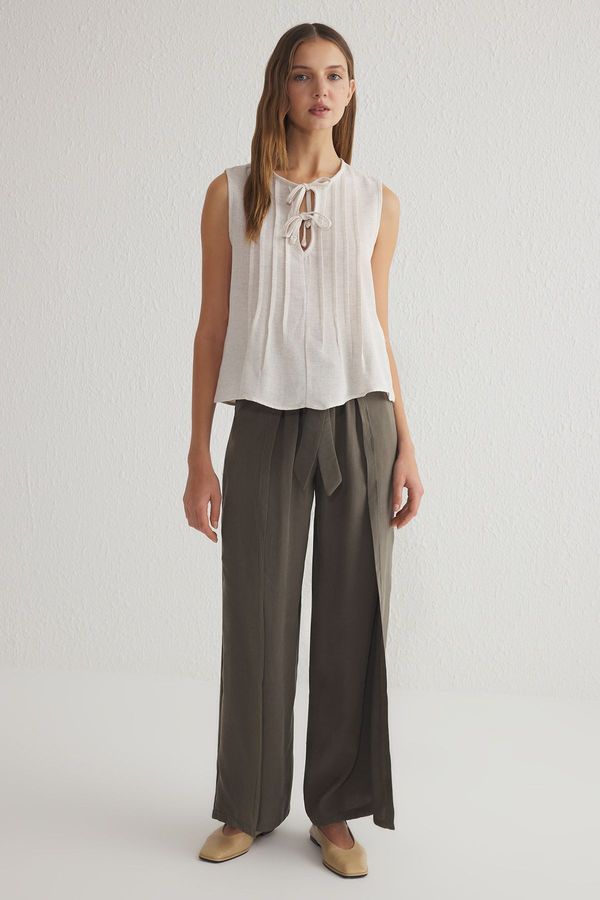 Trendyol Trendyol Beige Linen Look Crew Neck Ribbed Woven Blouse